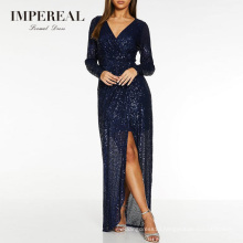 Asymmetrical Hem Surplice Sequined Evening Long Sleeve Retro Grown Dress